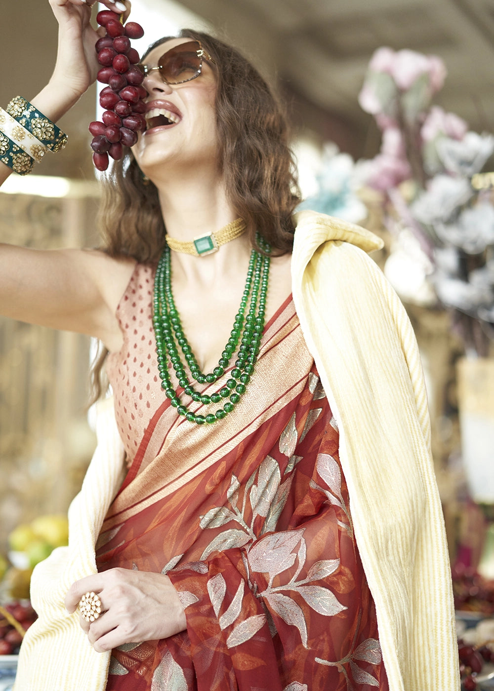 Rust Orange Georgette Silk Saree with All-Over Floral Design