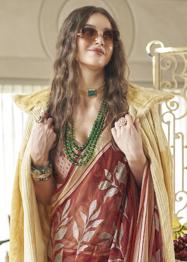 Rust Orange Georgette Silk Saree with All-Over Floral Design