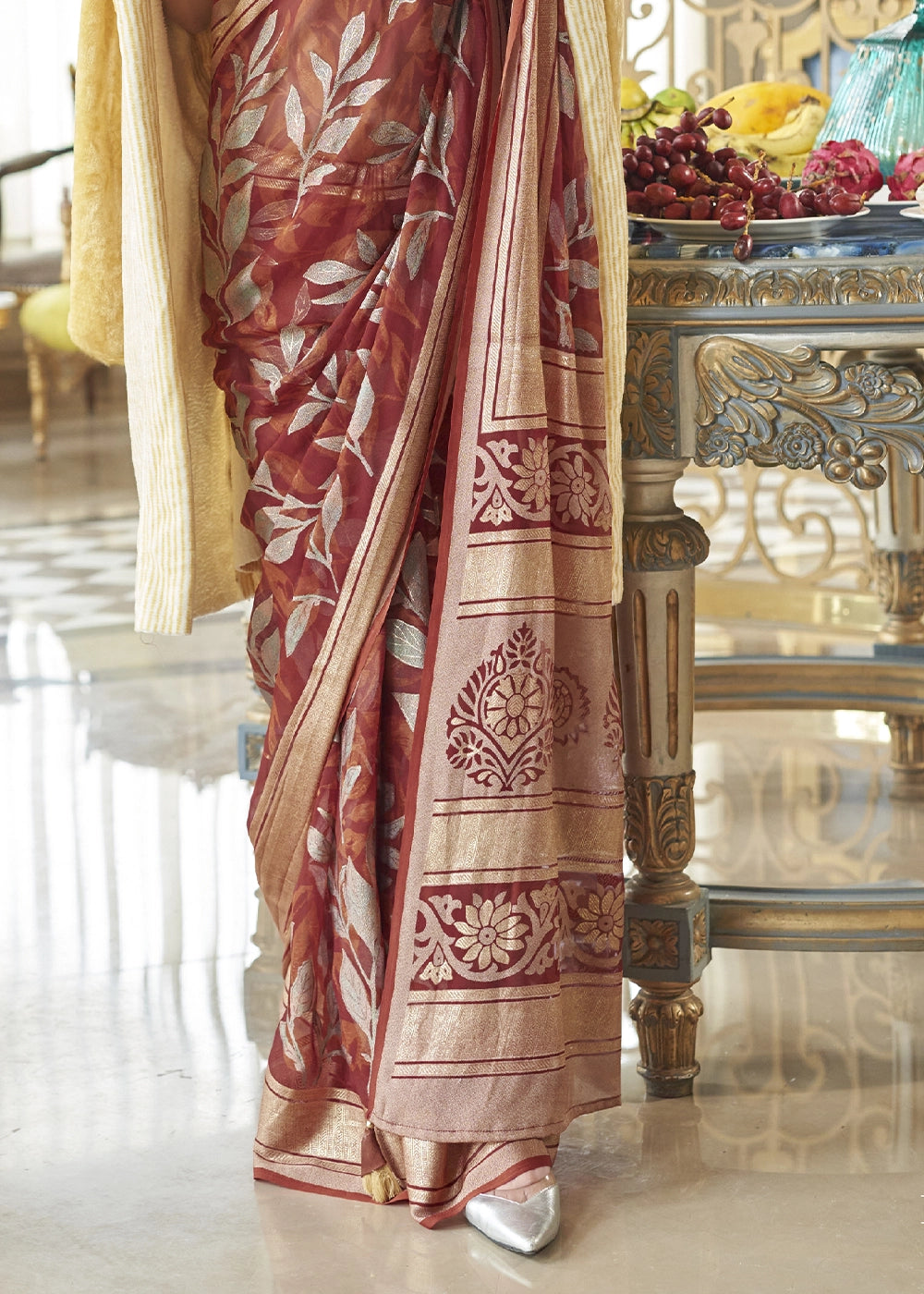 Rust Orange Georgette Silk Saree with All-Over Floral Design