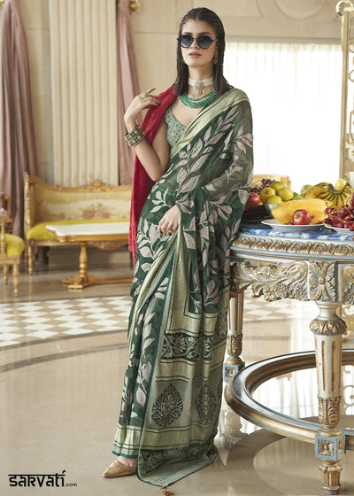 Pine Green Georgette Silk Saree with All-Over Floral Design