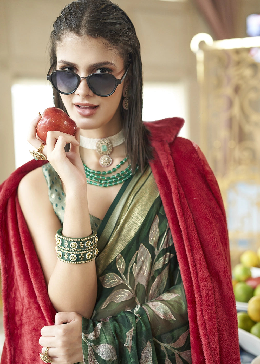 Pine Green Georgette Silk Saree with All-Over Floral Design