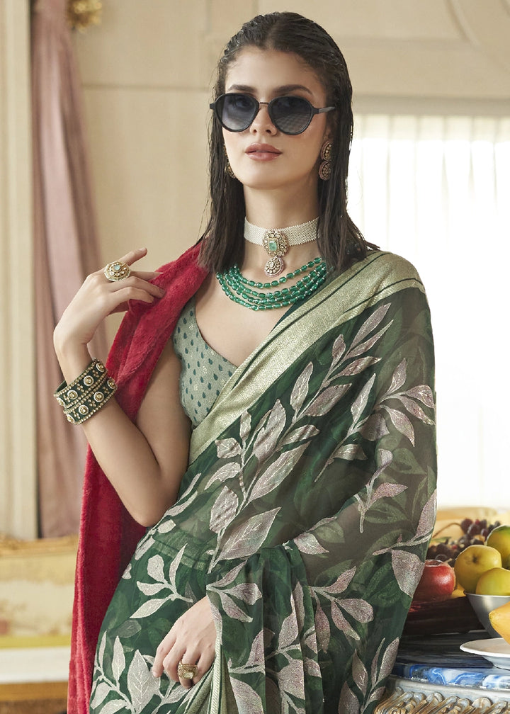 Pine Green Georgette Silk Saree with All-Over Floral Design