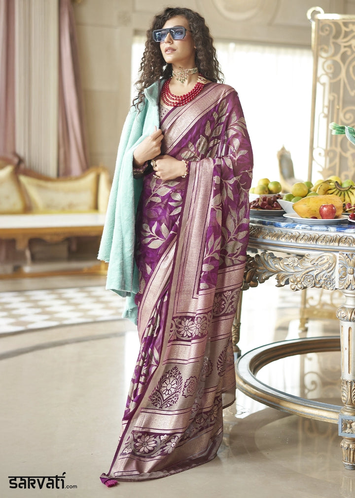 Raisin Purple Georgette Silk Saree with All-Over Floral Design