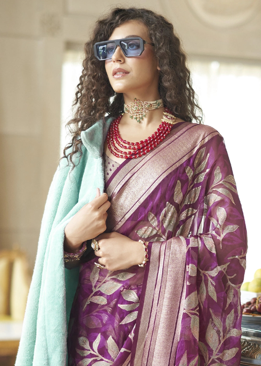 Raisin Purple Georgette Silk Saree with All-Over Floral Design