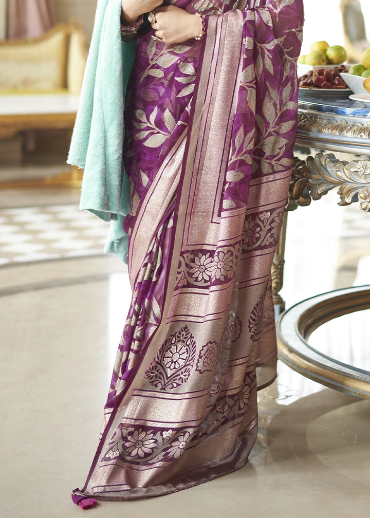 Raisin Purple Georgette Silk Saree with All-Over Floral Design