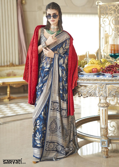 Sapphire Blue Georgette Silk Saree with All-Over Floral Design