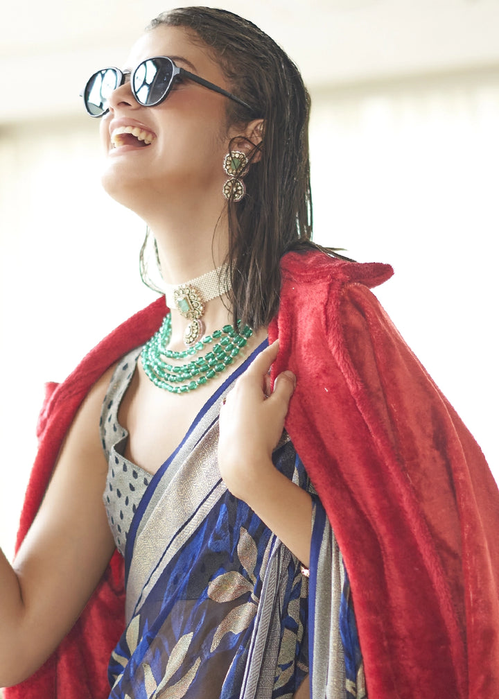 Sapphire Blue Georgette Silk Saree with All-Over Floral Design