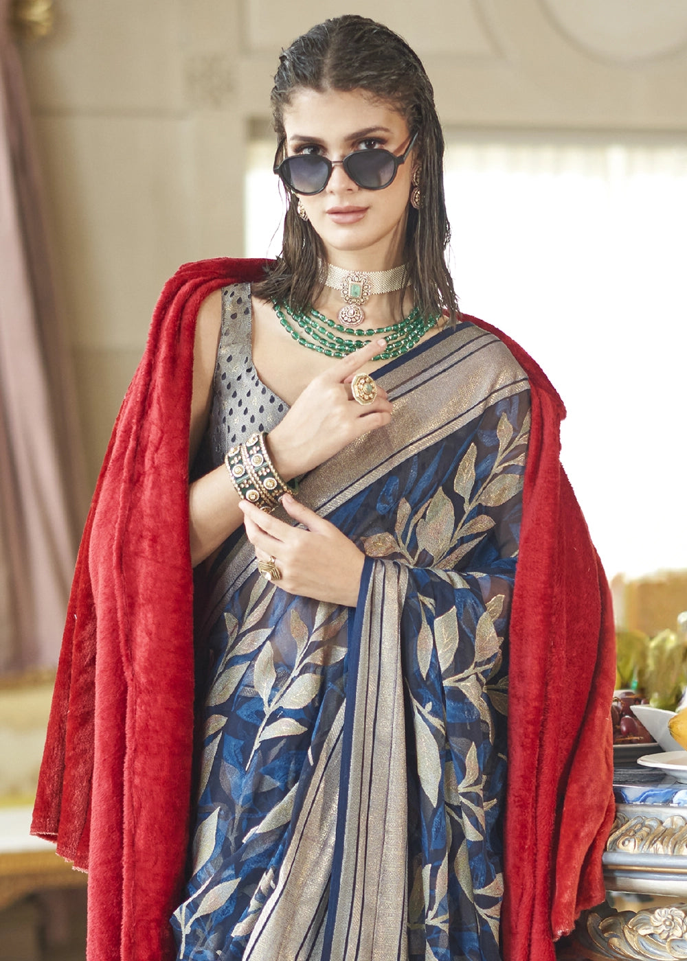 Sapphire Blue Georgette Silk Saree with All-Over Floral Design