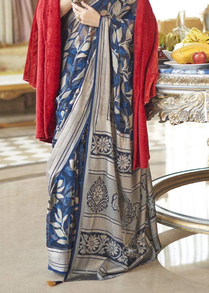 Sapphire Blue Georgette Silk Saree with All-Over Floral Design