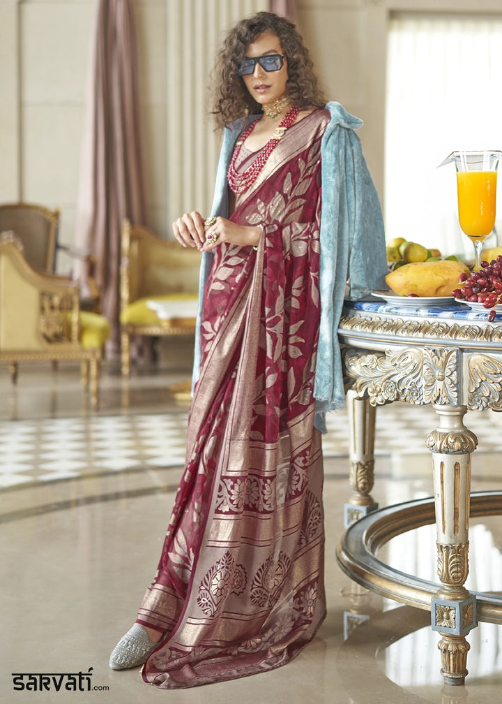 Burgundy Red Georgette Silk Saree with All-Over Floral Design