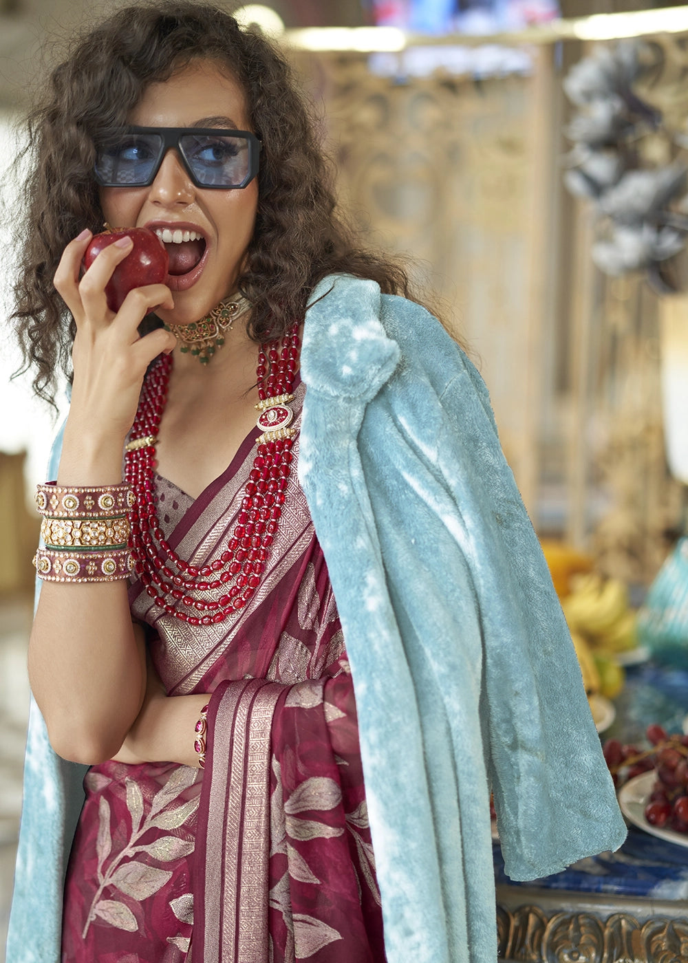 Burgundy Red Georgette Silk Saree with All-Over Floral Design
