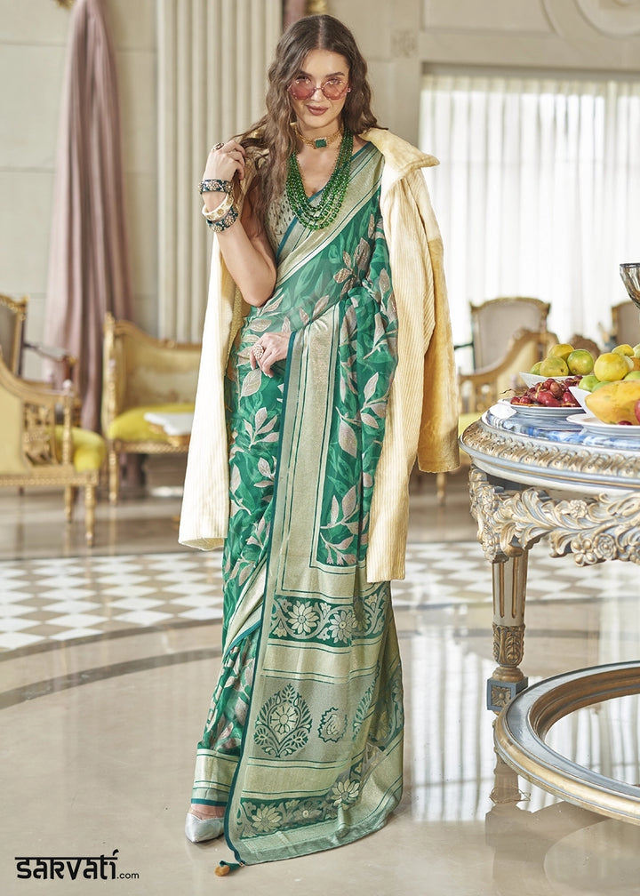 Jade Green Georgette Silk Saree with All-Over Floral Design