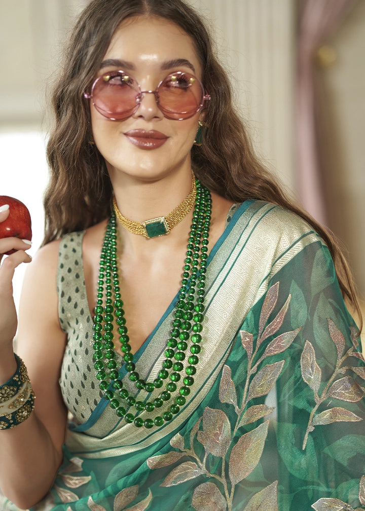 Jade Green Georgette Silk Saree with All-Over Floral Design