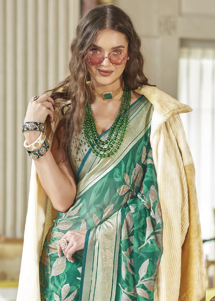 Jade Green Georgette Silk Saree with All-Over Floral Design