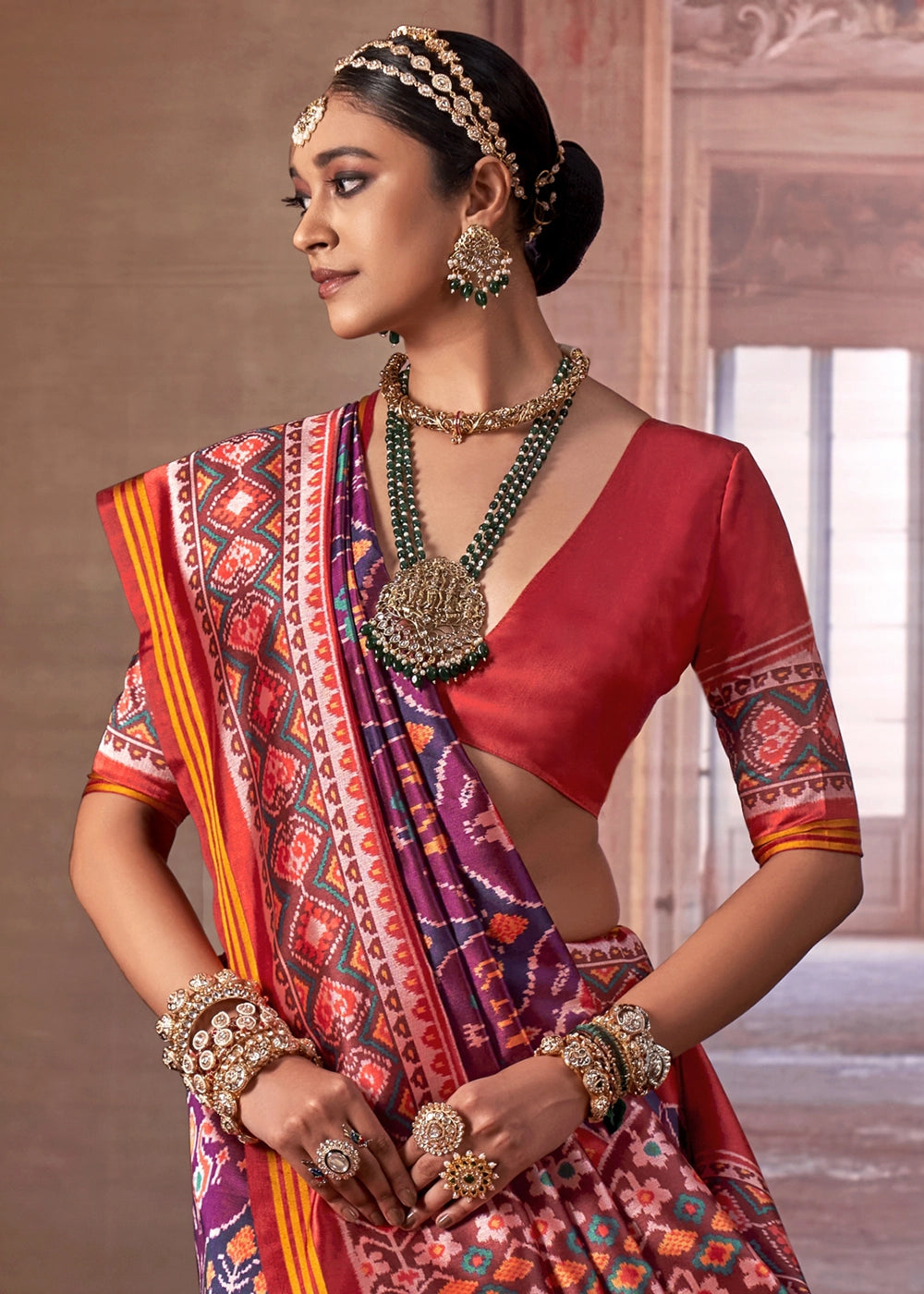 Purple & Red Patan Patola Printed Silk Saree