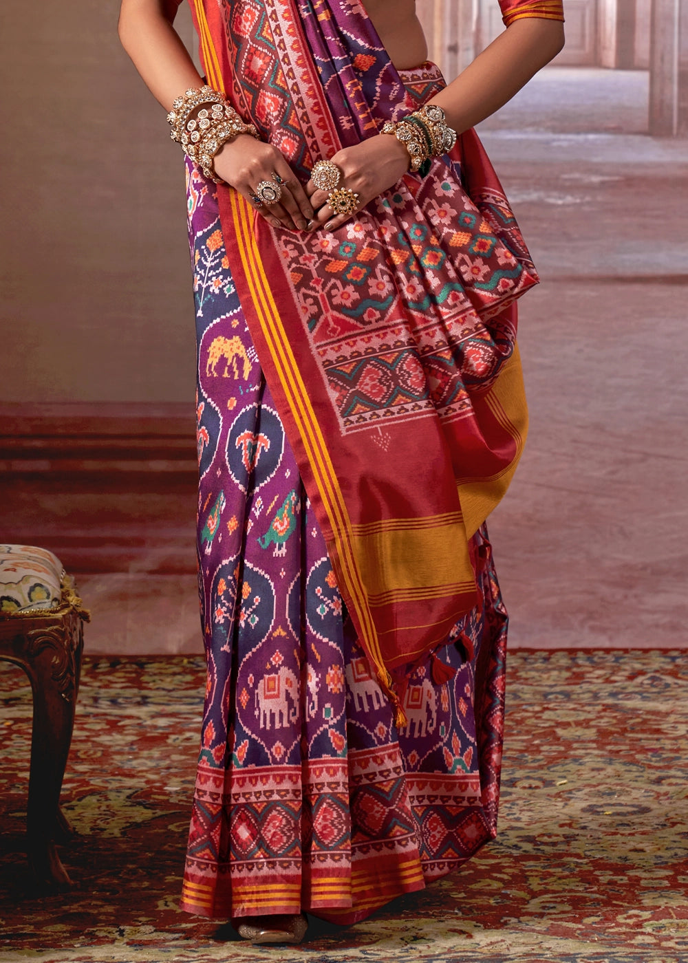 Purple & Red Patan Patola Printed Silk Saree