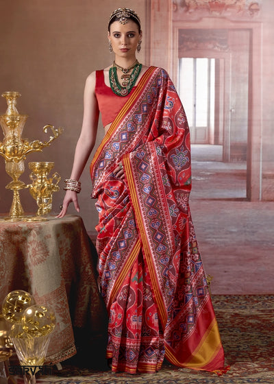 Candy Red Patan Patola Printed Silk Saree