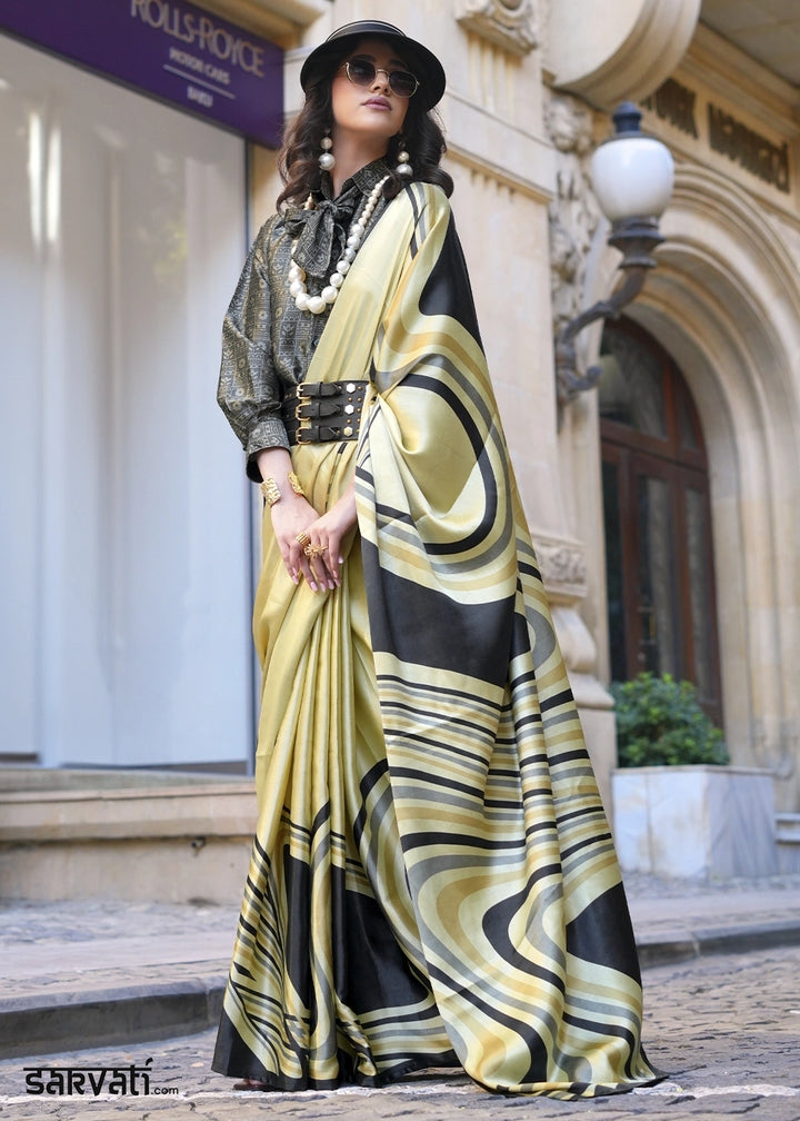Cream & Black Satin Crepe Saree with Contemporary Abstract Print