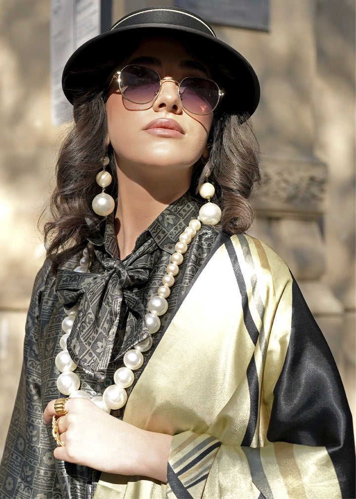 Cream & Black Satin Crepe Saree with Contemporary Abstract Print