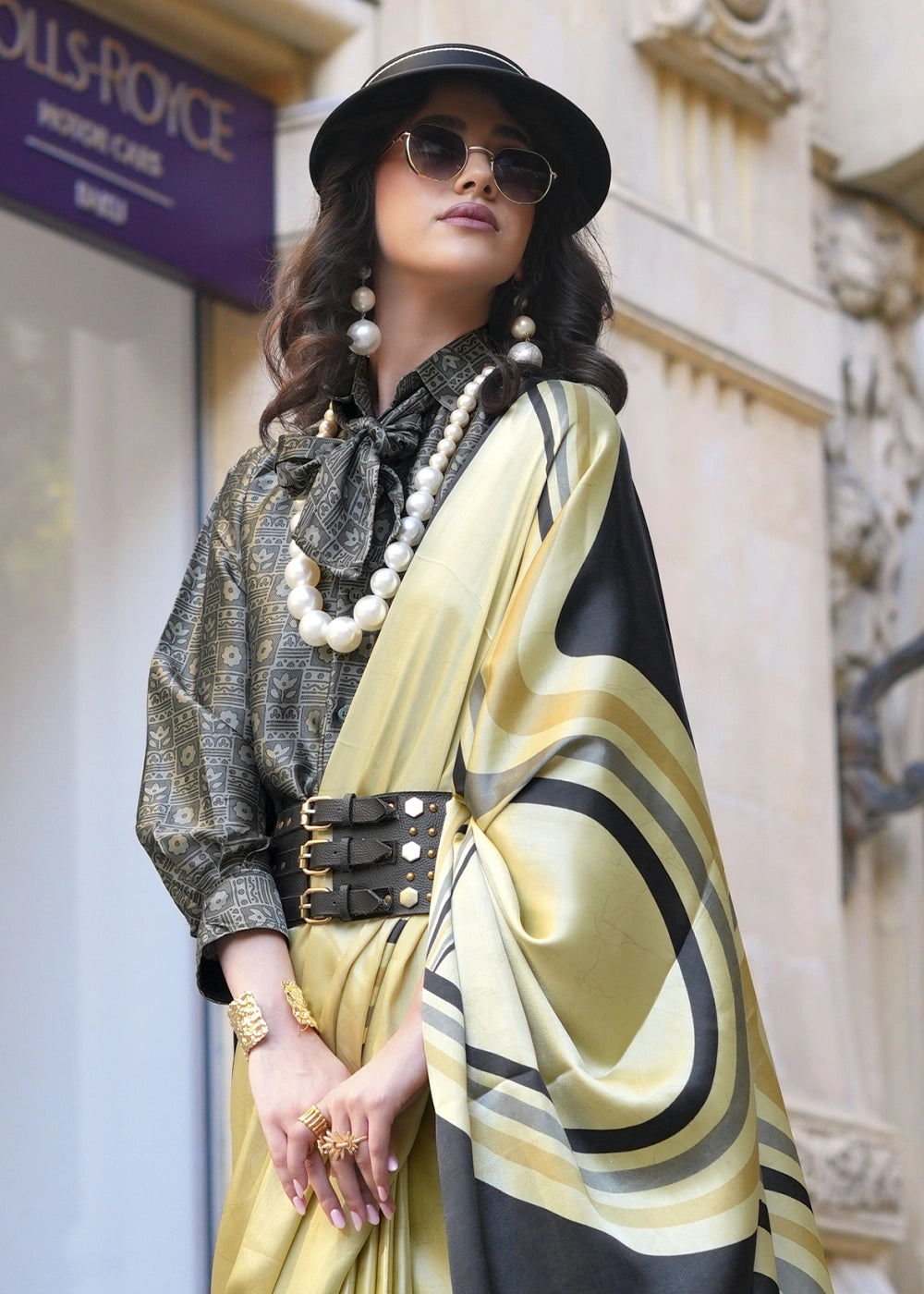 Cream & Black Satin Crepe Saree with Contemporary Abstract Print