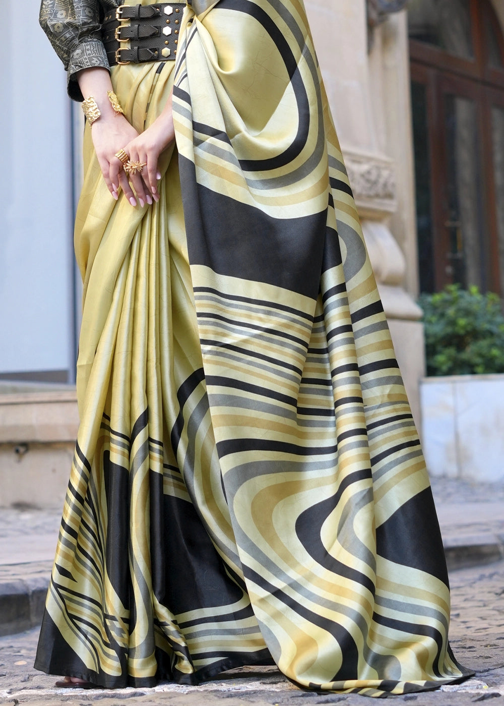 Cream & Black Satin Crepe Saree with Contemporary Abstract Print