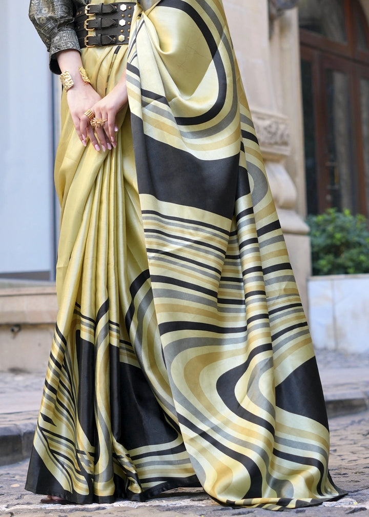Cream & Black Satin Crepe Saree with Contemporary Abstract Print