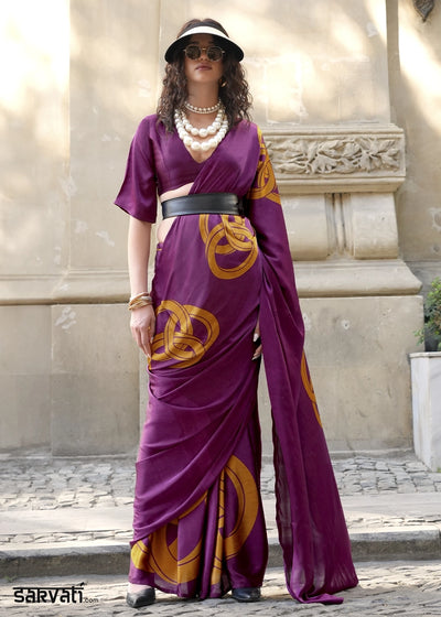 Lollipop Purple Satin Crepe Saree with Contemporary Abstract Print