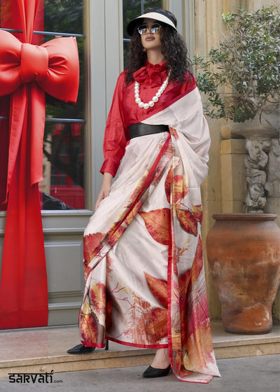 White & Red Satin Crepe Saree with Contemporary Abstract Print