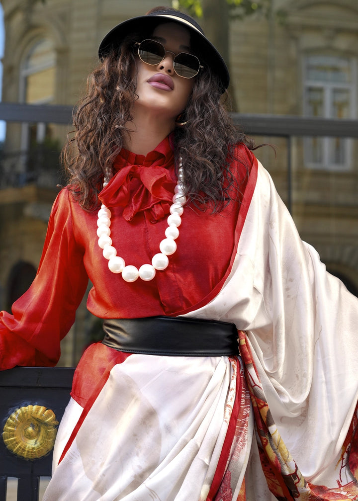 White & Red Satin Crepe Saree with Contemporary Abstract Print