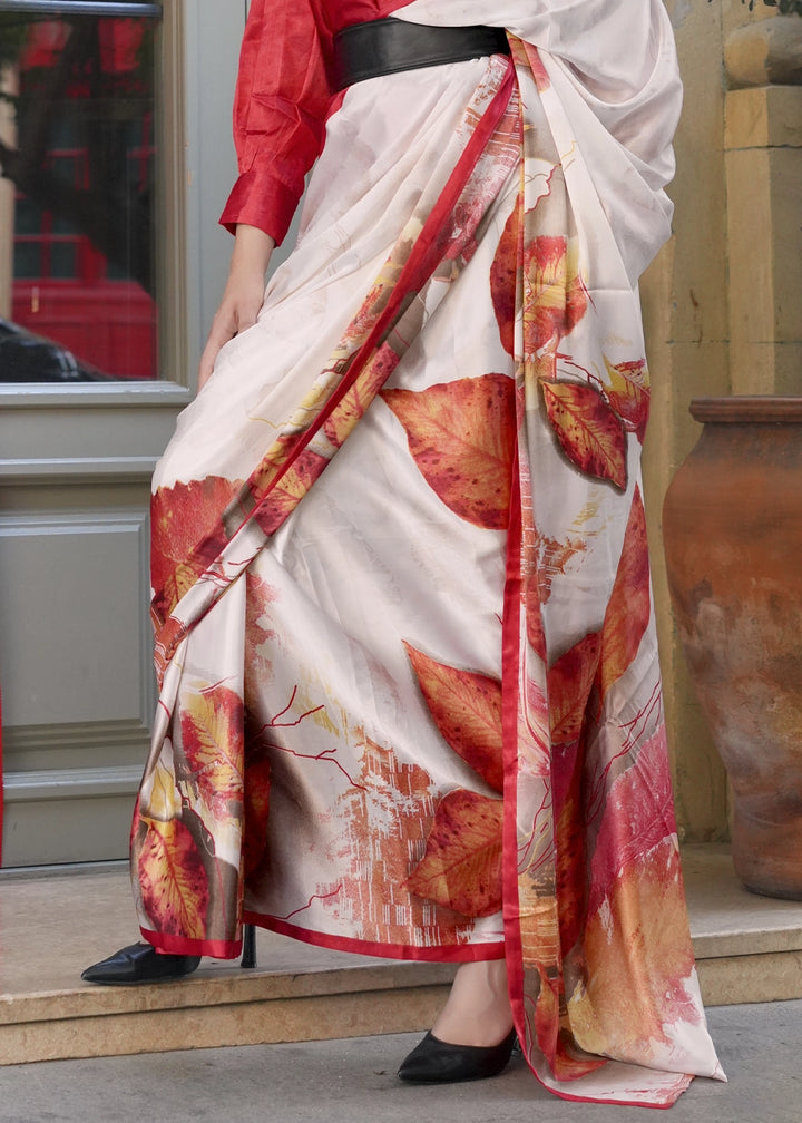 White & Red Satin Crepe Saree with Contemporary Abstract Print