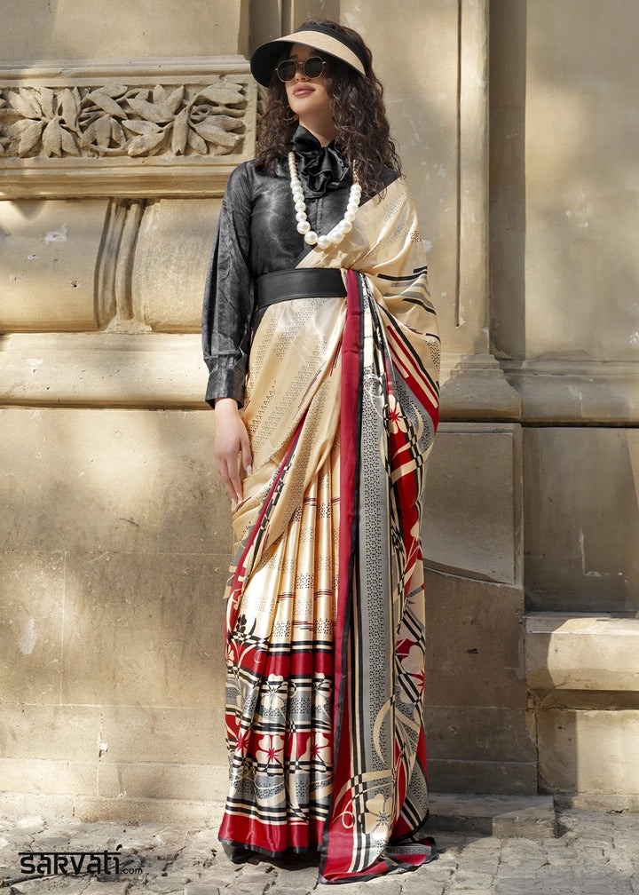 Cream White & Black Satin Crepe Saree with Contemporary Abstract Print