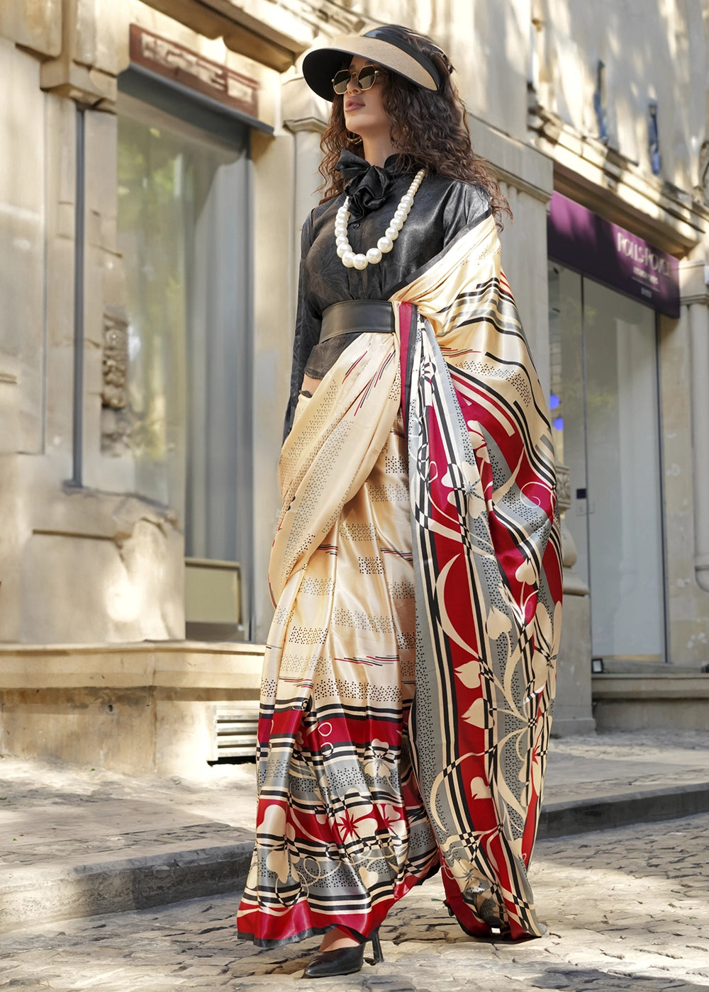 Cream White & Black Satin Crepe Saree with Contemporary Abstract Print