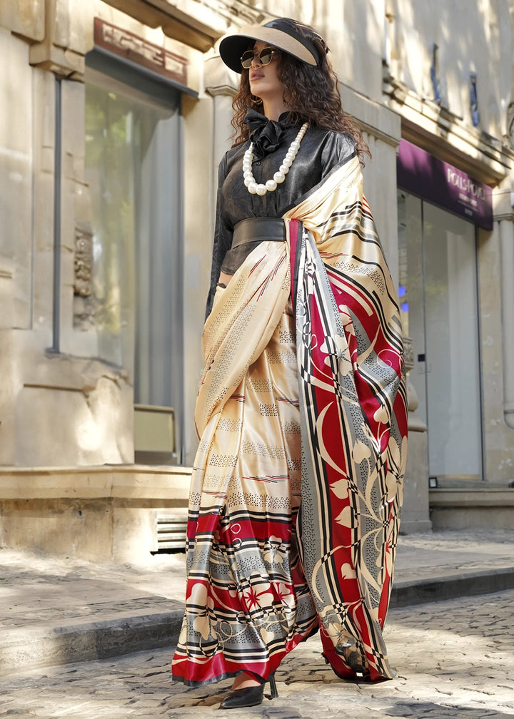Cream White & Black Satin Crepe Saree with Contemporary Abstract Print
