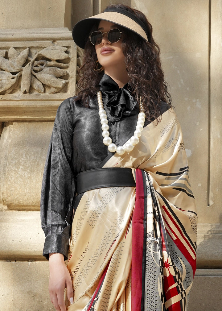 Cream White & Black Satin Crepe Saree with Contemporary Abstract Print
