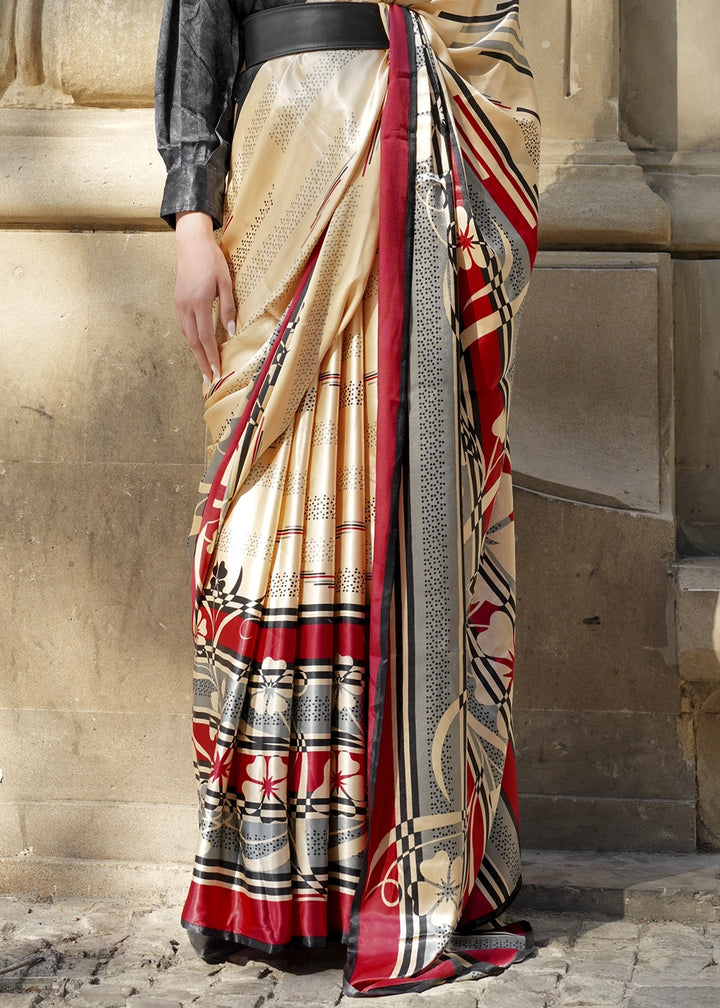 Cream White & Black Satin Crepe Saree with Contemporary Abstract Print