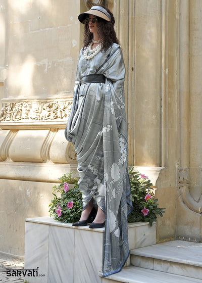 Light Grey Satin Crepe Saree with Contemporary Abstract Print