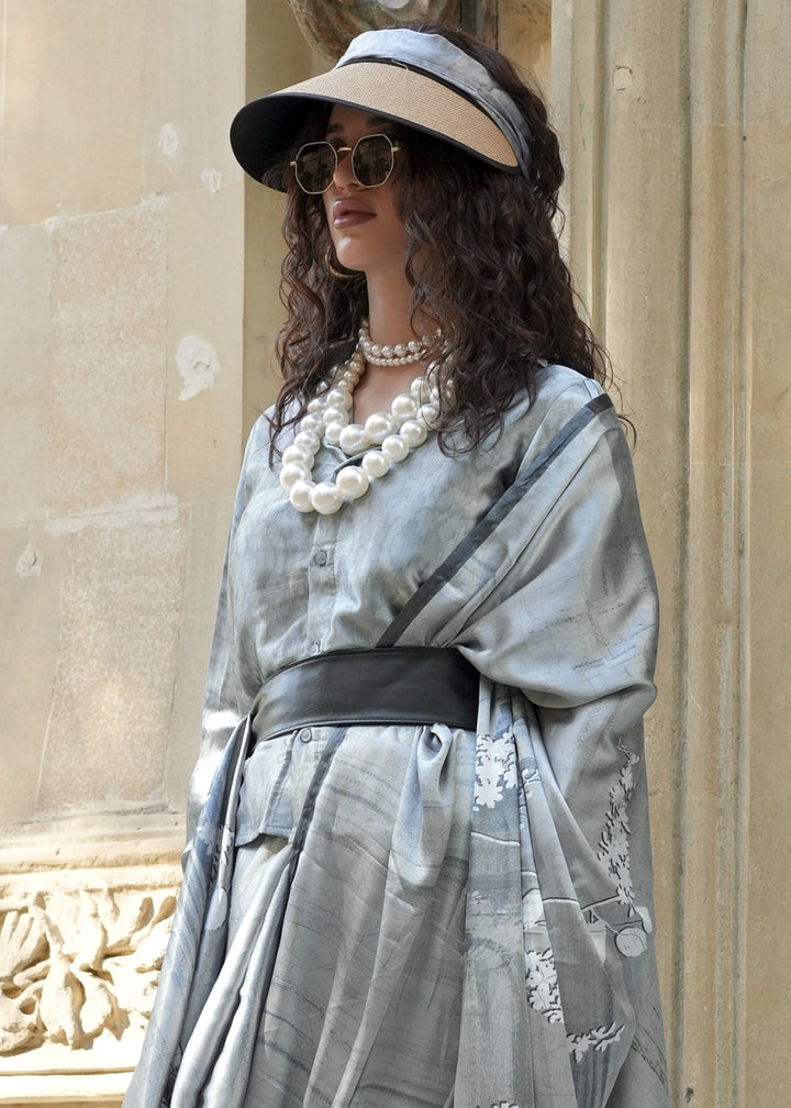 Light Grey Satin Crepe Saree with Contemporary Abstract Print