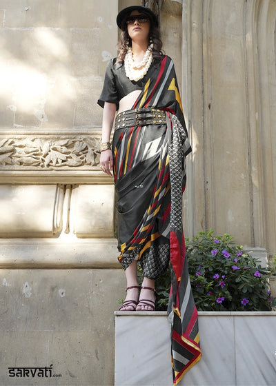 Jade Black Satin Crepe Saree with Contemporary Abstract Print