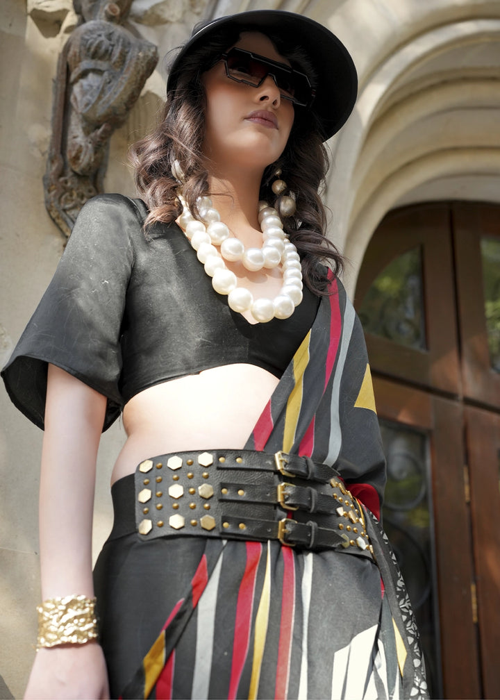 Jade Black Satin Crepe Saree with Contemporary Abstract Print