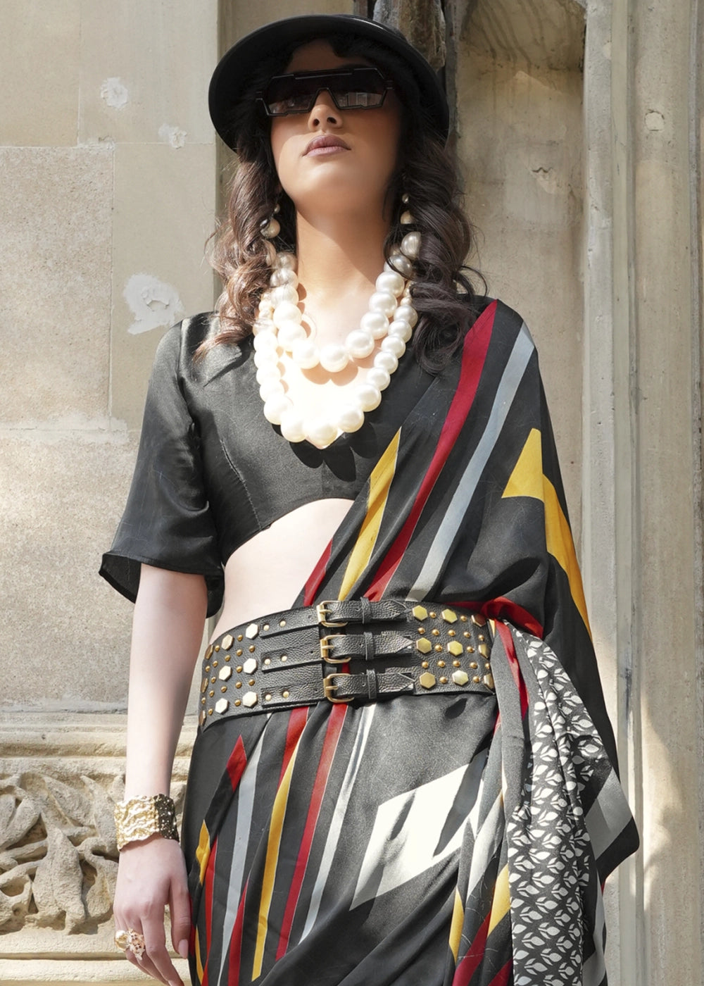 Jade Black Satin Crepe Saree with Contemporary Abstract Print