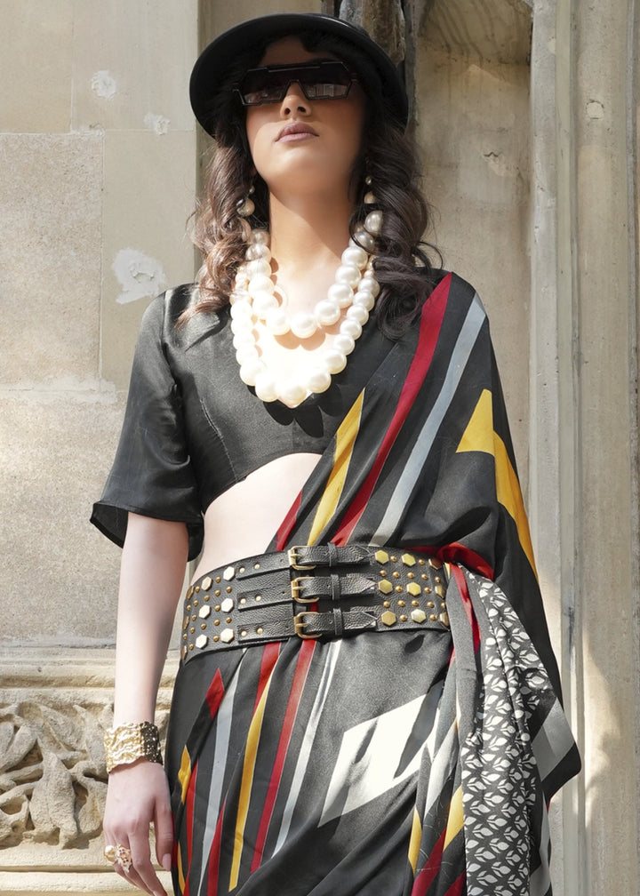 Jade Black Satin Crepe Saree with Contemporary Abstract Print