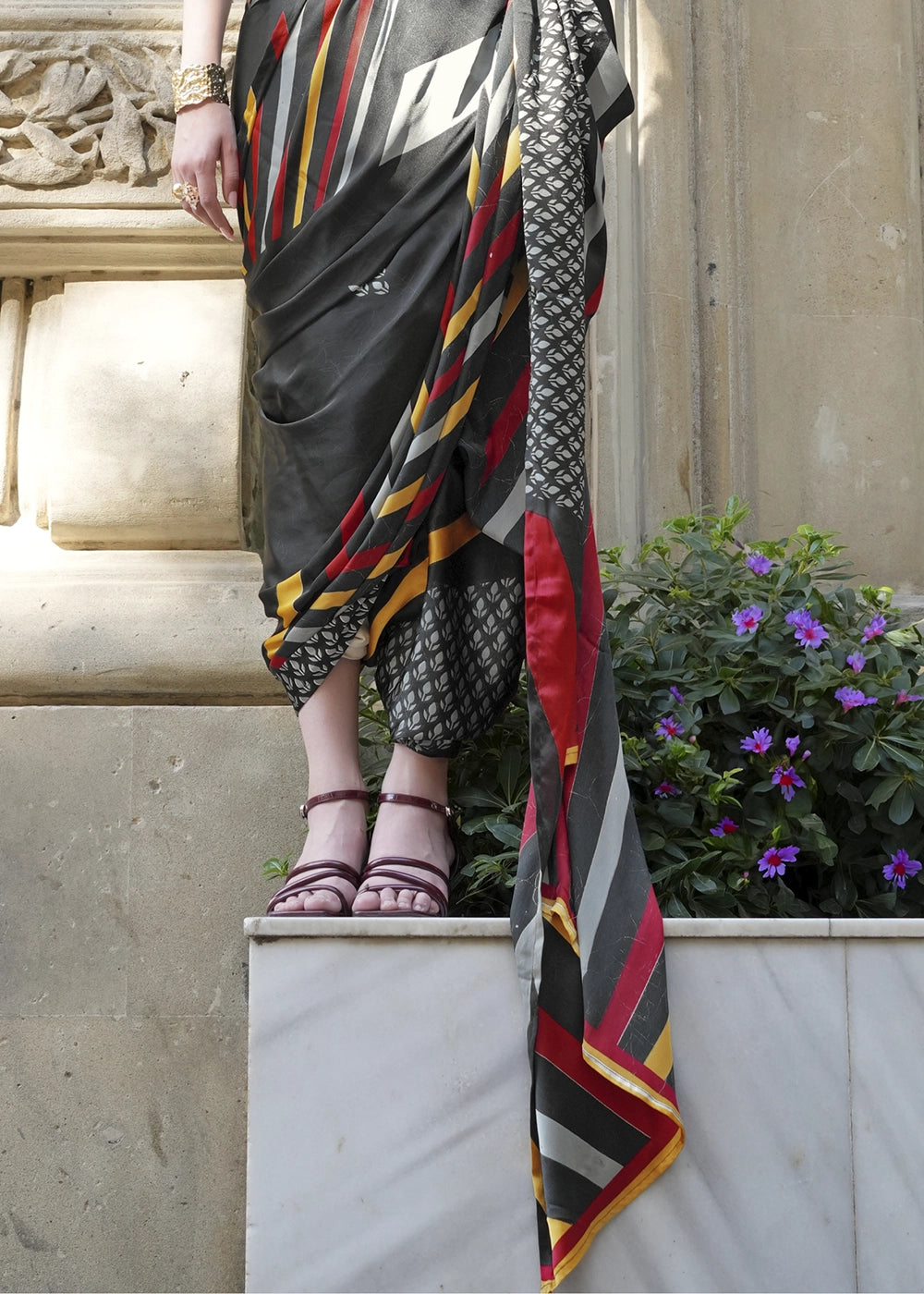 Jade Black Satin Crepe Saree with Contemporary Abstract Print