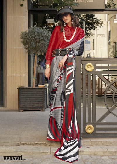 Grey & Red Satin Crepe Saree with Contemporary Abstract Print