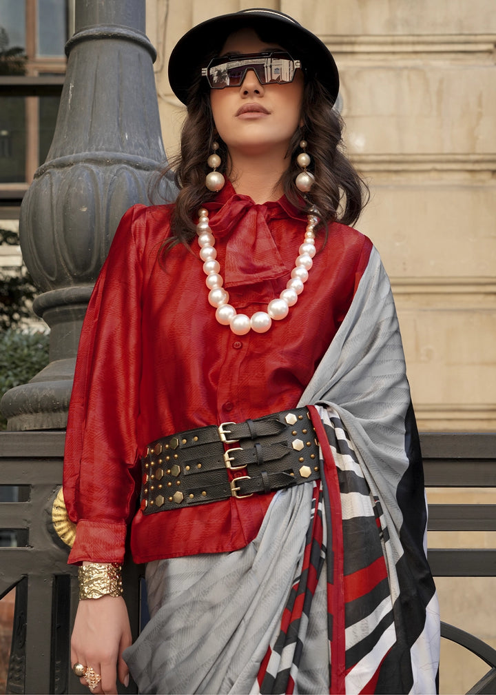 Grey & Red Satin Crepe Saree with Contemporary Abstract Print
