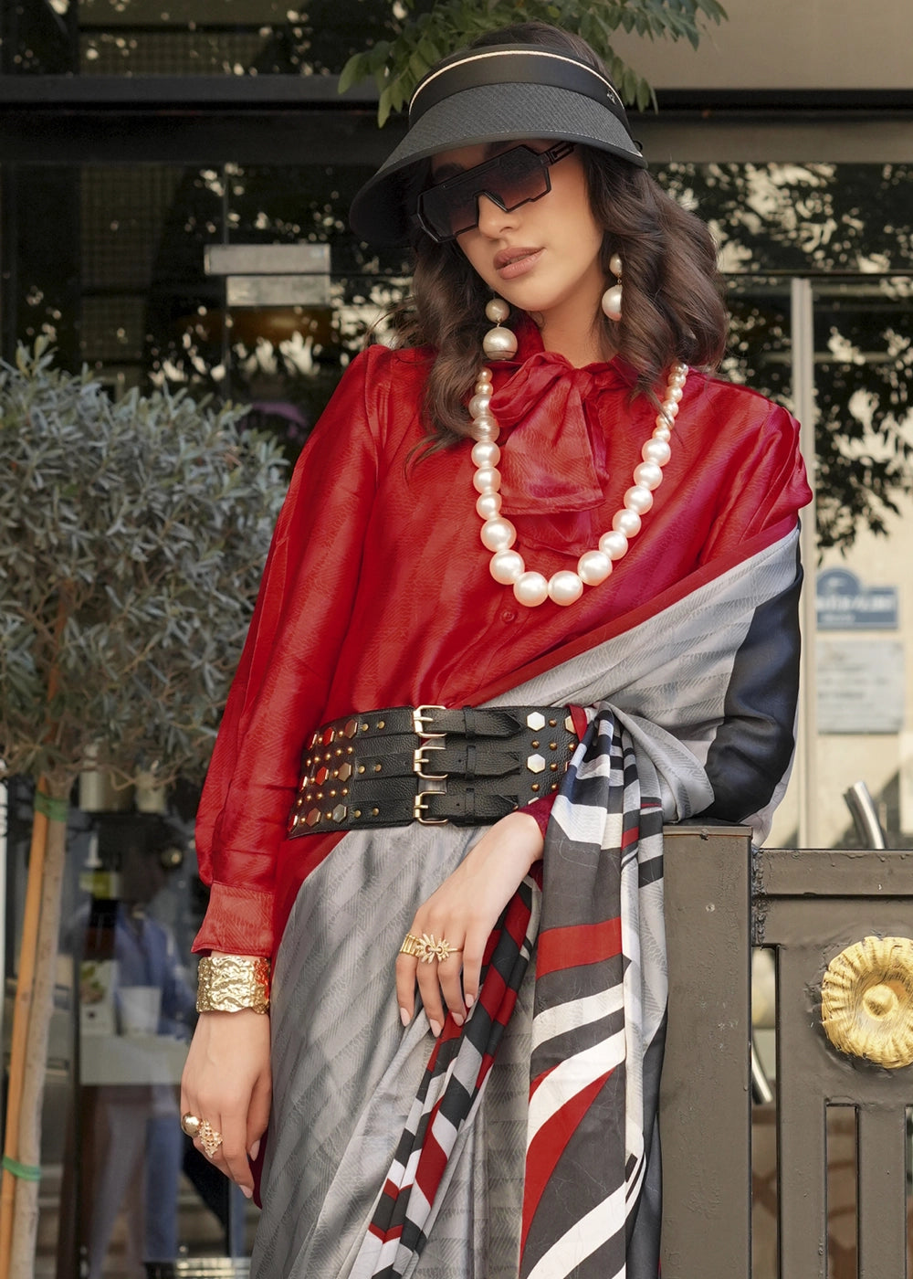 Grey & Red Satin Crepe Saree with Contemporary Abstract Print