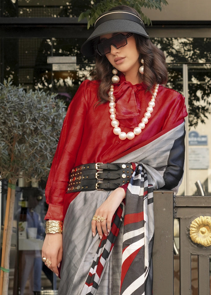Grey & Red Satin Crepe Saree with Contemporary Abstract Print
