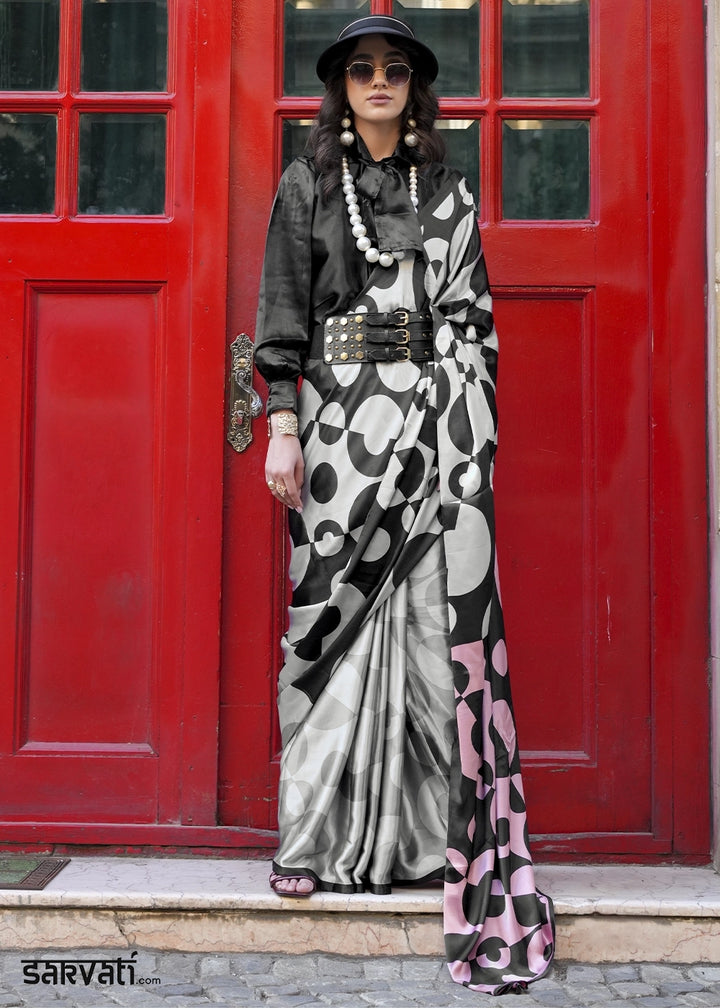 Grey & Black Satin Crepe Saree with Contemporary Abstract Print