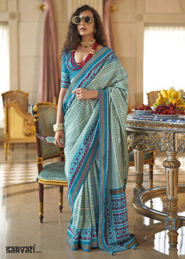 Shades Of Blue Silk Saree with Traditional Double Ikat Print