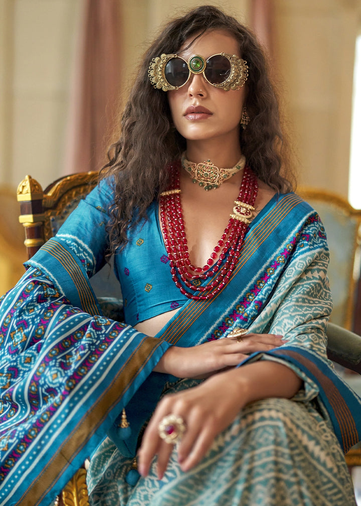 Shades Of Blue Silk Saree with Traditional Double Ikat Print