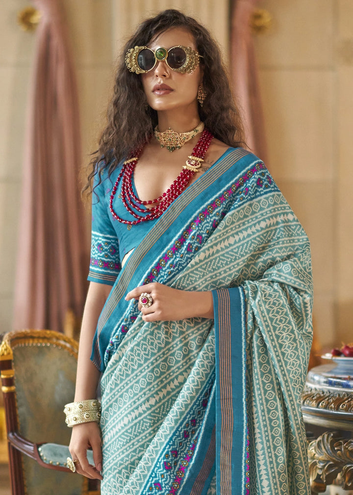 Shades Of Blue Silk Saree with Traditional Double Ikat Print